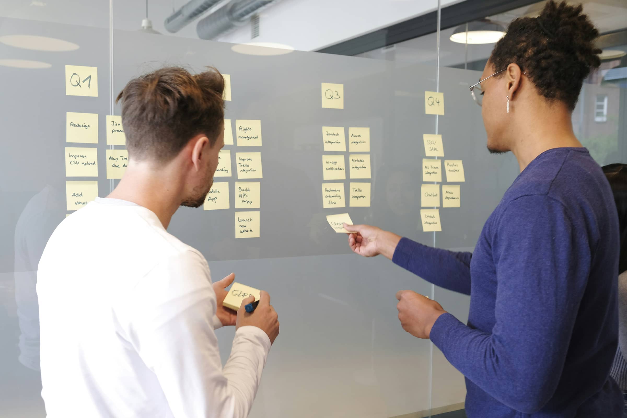 Team planning work with sticky notes on a glass board